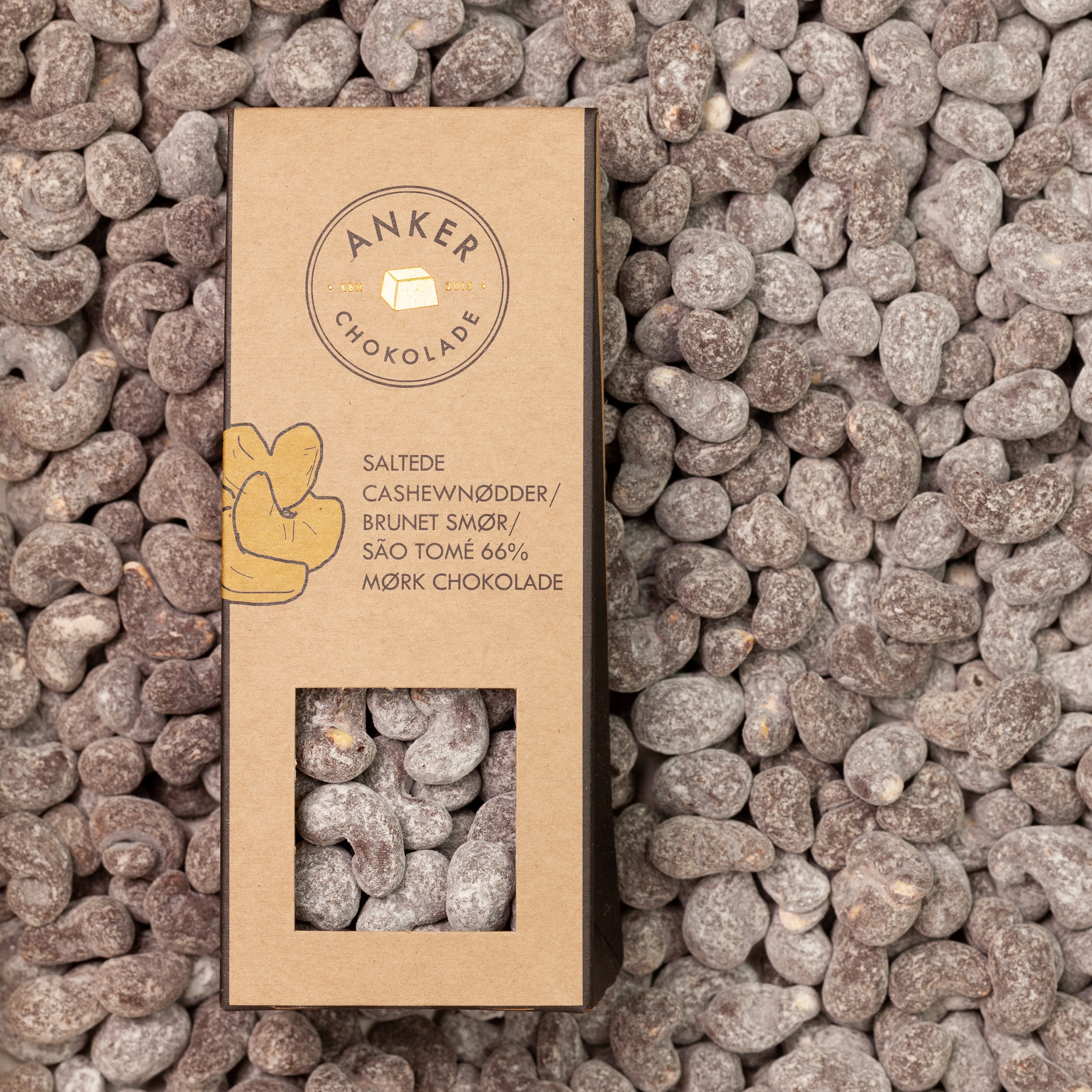 Cashewnødder / brunet smør / flormelis / mørk chokolade